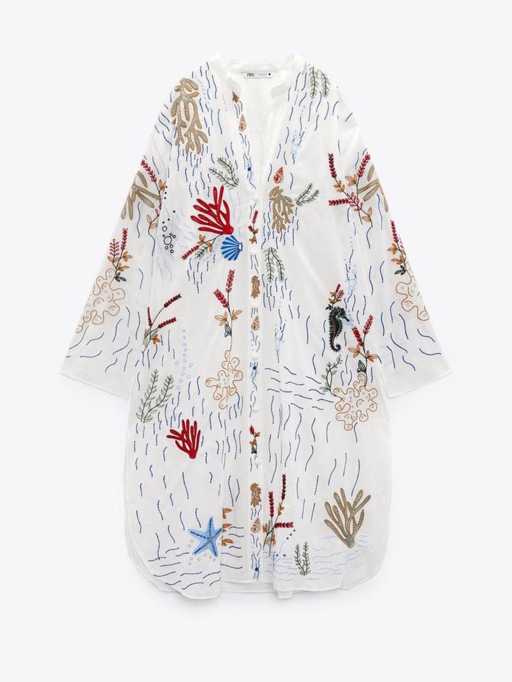 Zara long embroidered under the sea button down blouse/coverup size small